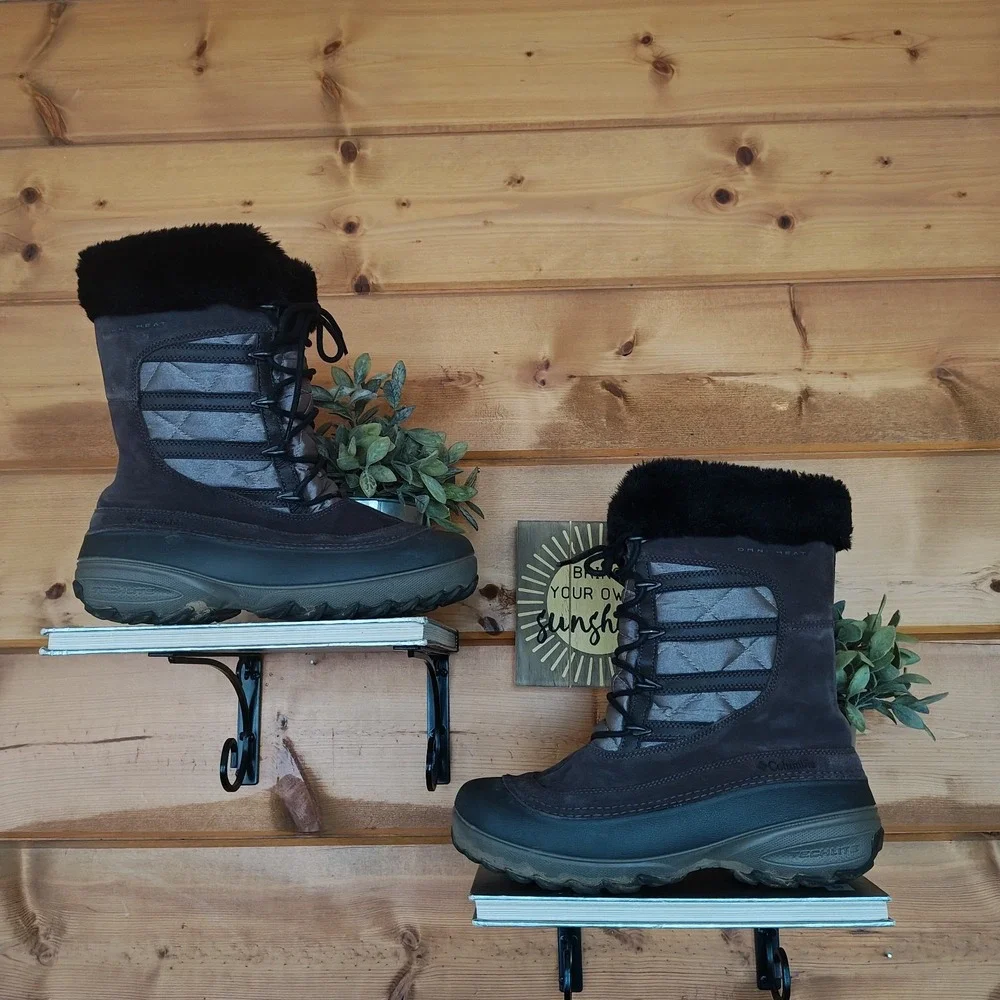 Columbia Omni Heat Waterproof Snow Boots Suede Leather Faux Fur BL1460-287 8.5